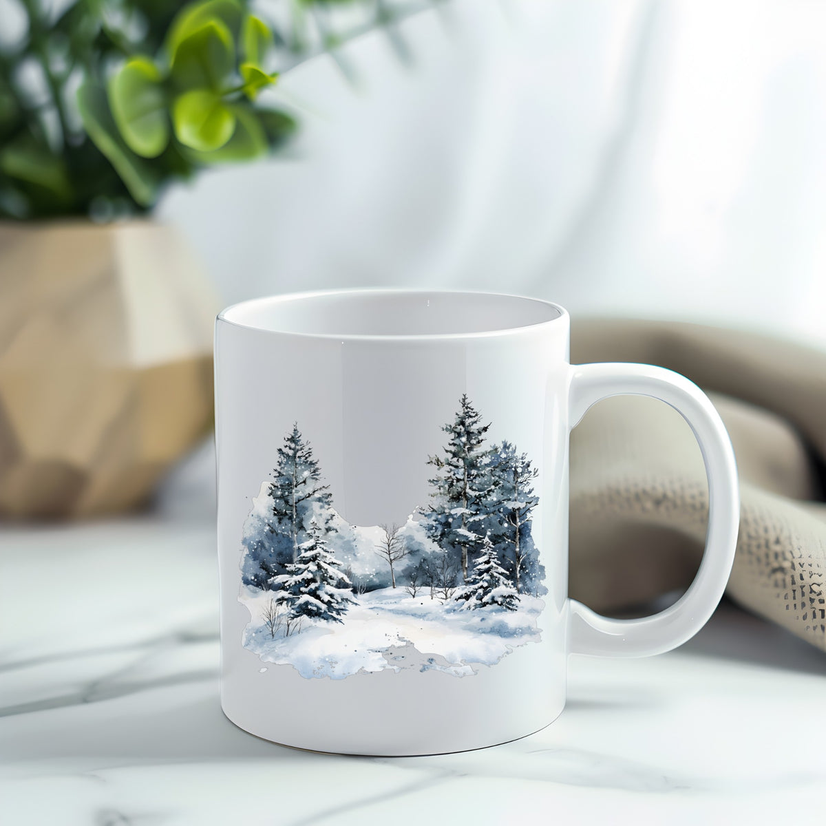 Falling Snow Pine Forest UV DTF sticker applied to a white coffee mug