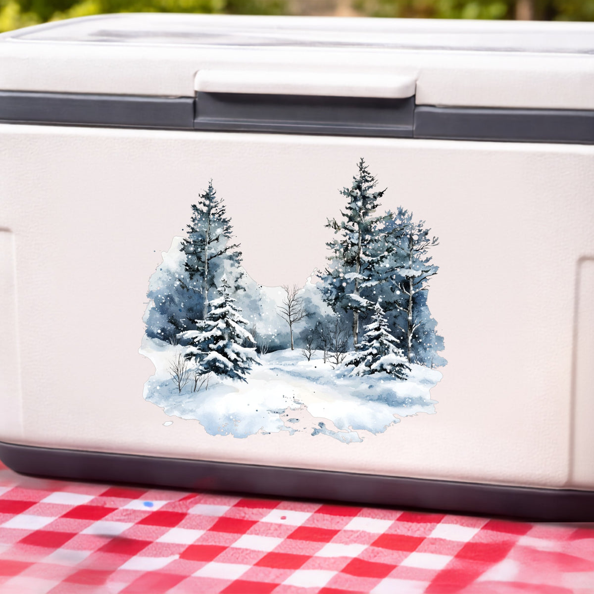 Falling Snow Pine Forest UV DTF sticker applied to a white cooler