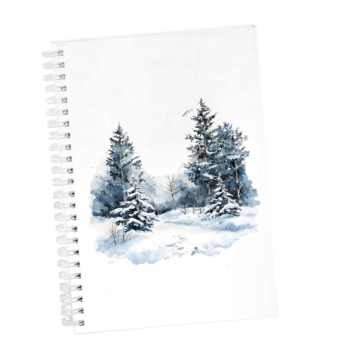 Falling Snow Pine Forest UV DTF sticker applied to a white journal