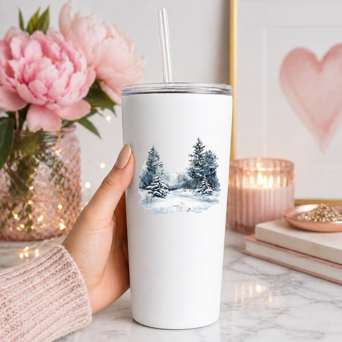 Falling Snow Pine Forest UV DTF sticker applied to a white tumbler