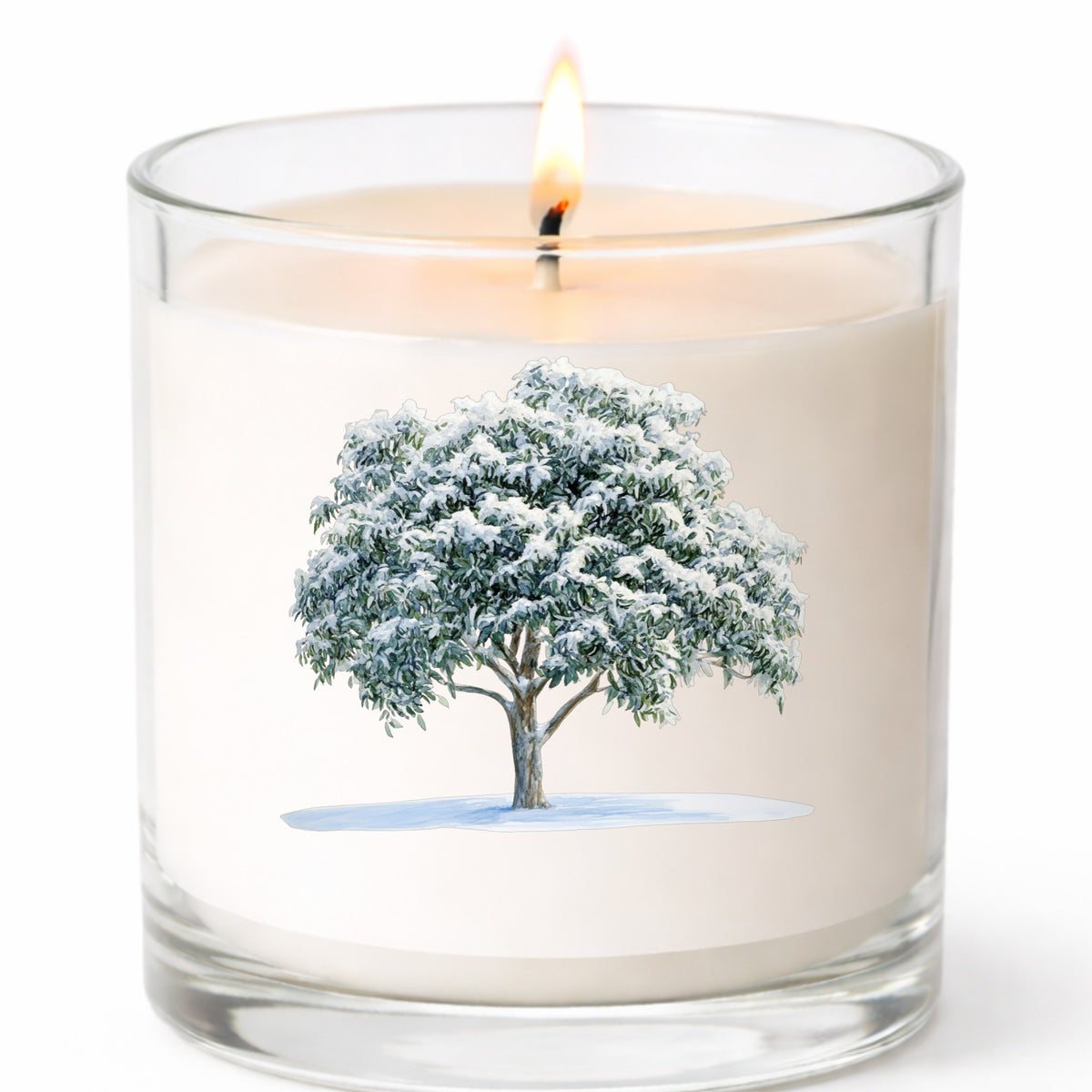 Snow Covered Tree UV DTF sticker applied to a candle jar