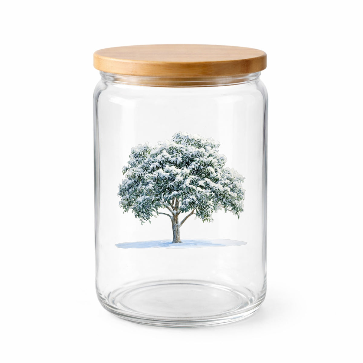 Snow Covered Tree UV DTF sticker applied to a clear glass jar with lid
