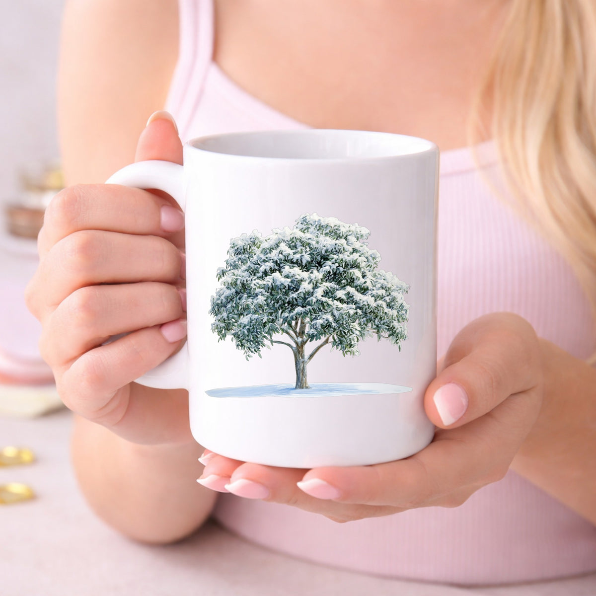 Snow Covered Tree UV DTF sticker displayed on a white coffee mug