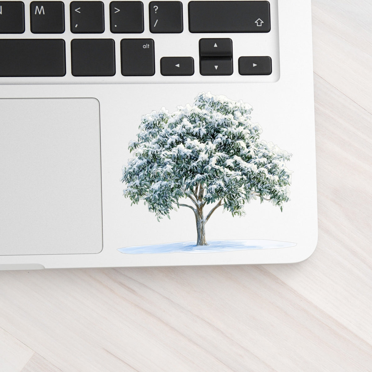 Snow Covered Tree UV DTF sticker applied to a laptop beside the keyboard