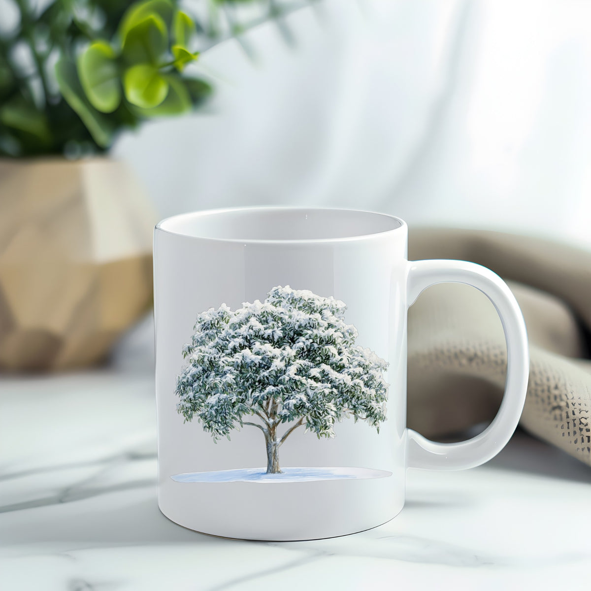 Snow Covered Tree UV DTF sticker applied to a white coffee mug