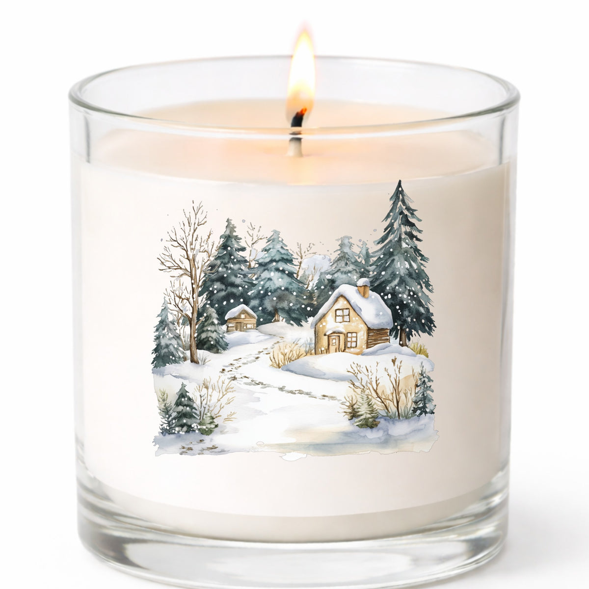 Snowy Cottage Village UV DTF sticker applied to a candle jar
