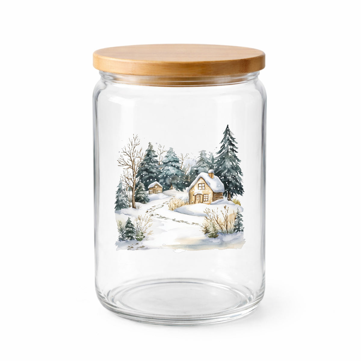 Snowy Cottage Village UV DTF sticker applied to a clear glass jar with lid