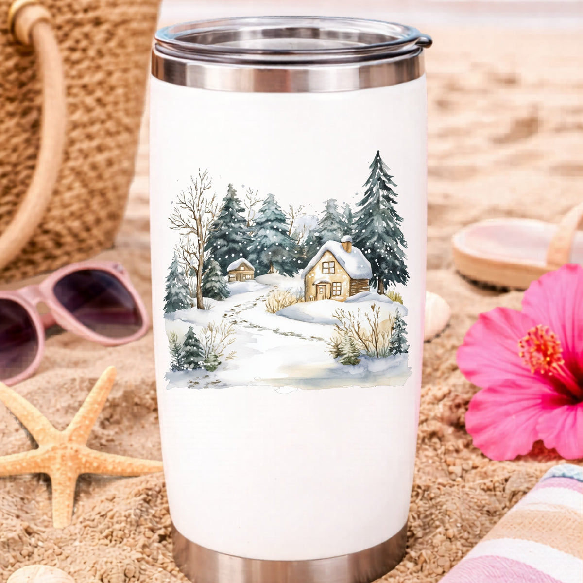 Snowy Cottage Village UV DTF sticker applied to a water bottle at the beach