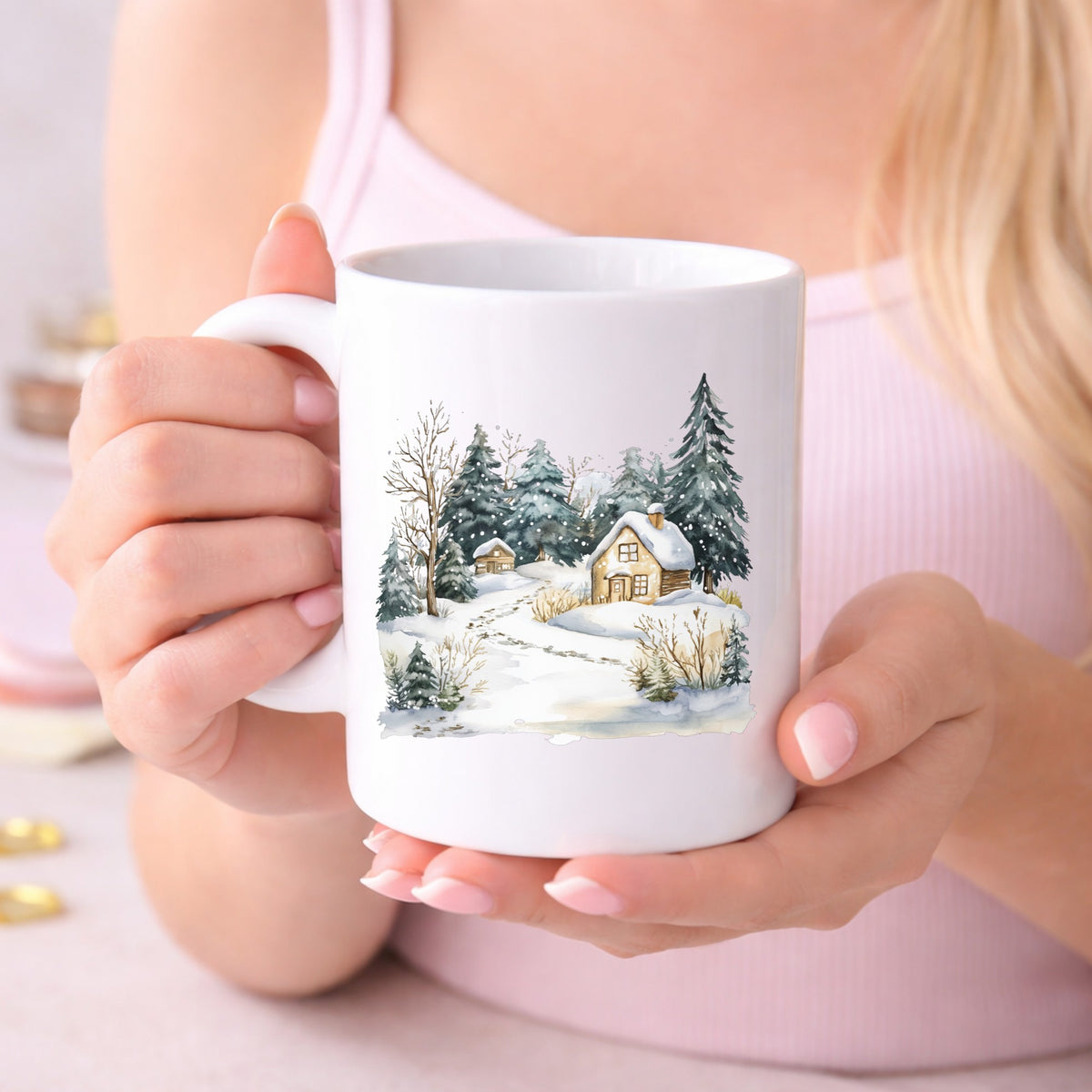 Snowy Cottage Village UV DTF sticker displayed on a white coffee mug