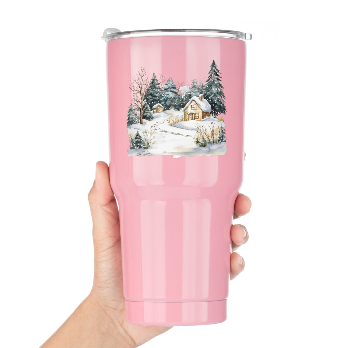 Snowy Cottage Village UV DTF sticker applied to a pink tumbler