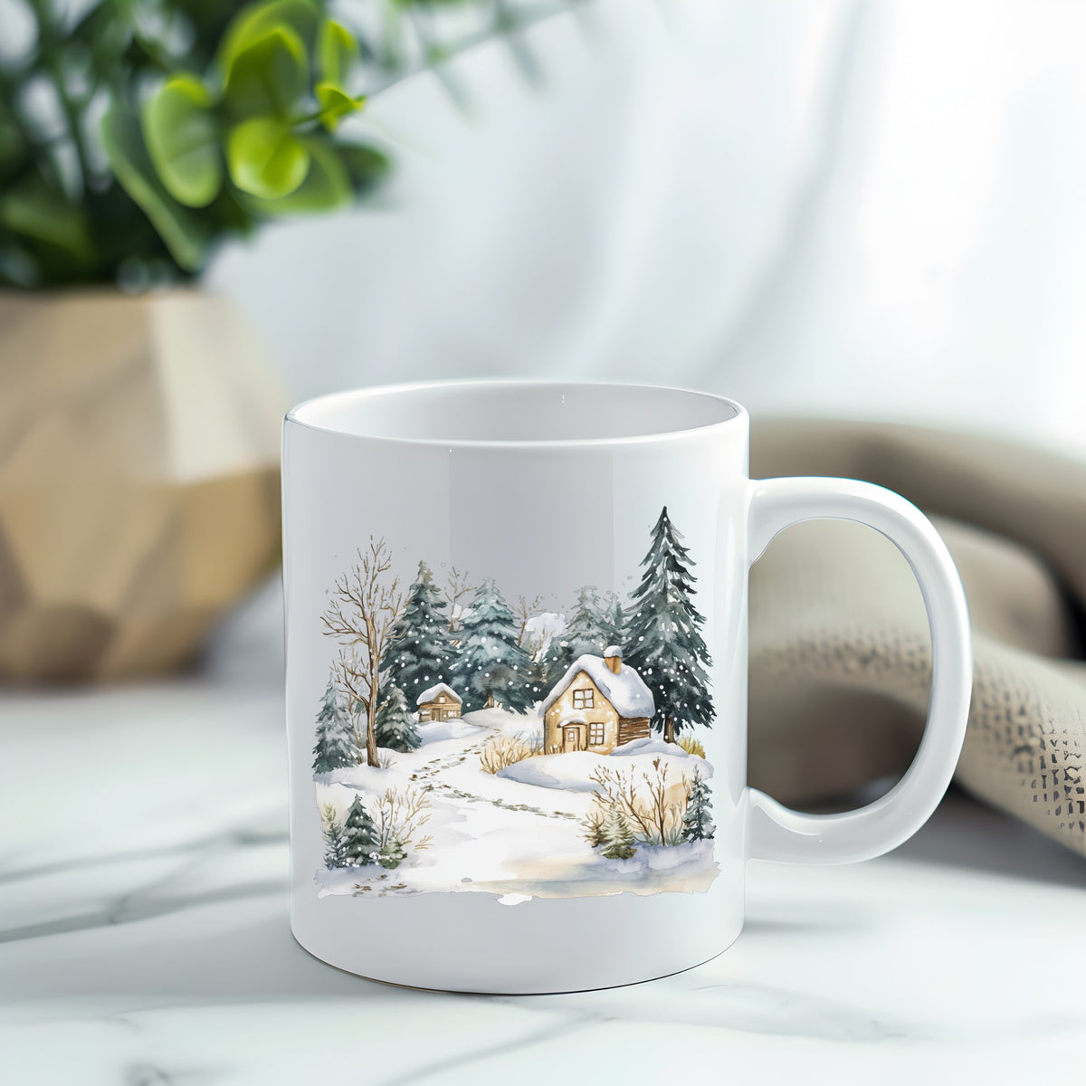 Snowy Cottage Village UV DTF sticker applied to a white coffee mug
