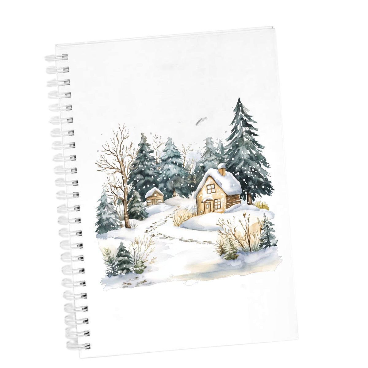 Snowy Cottage Village UV DTF sticker applied to a white journal