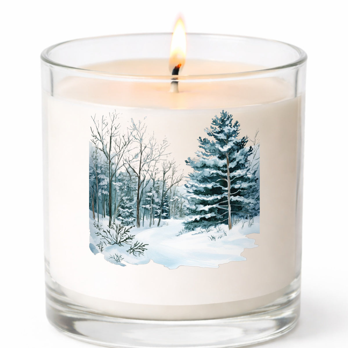 Tall Spruce Winter Forest UV DTF sticker applied to a candle jar