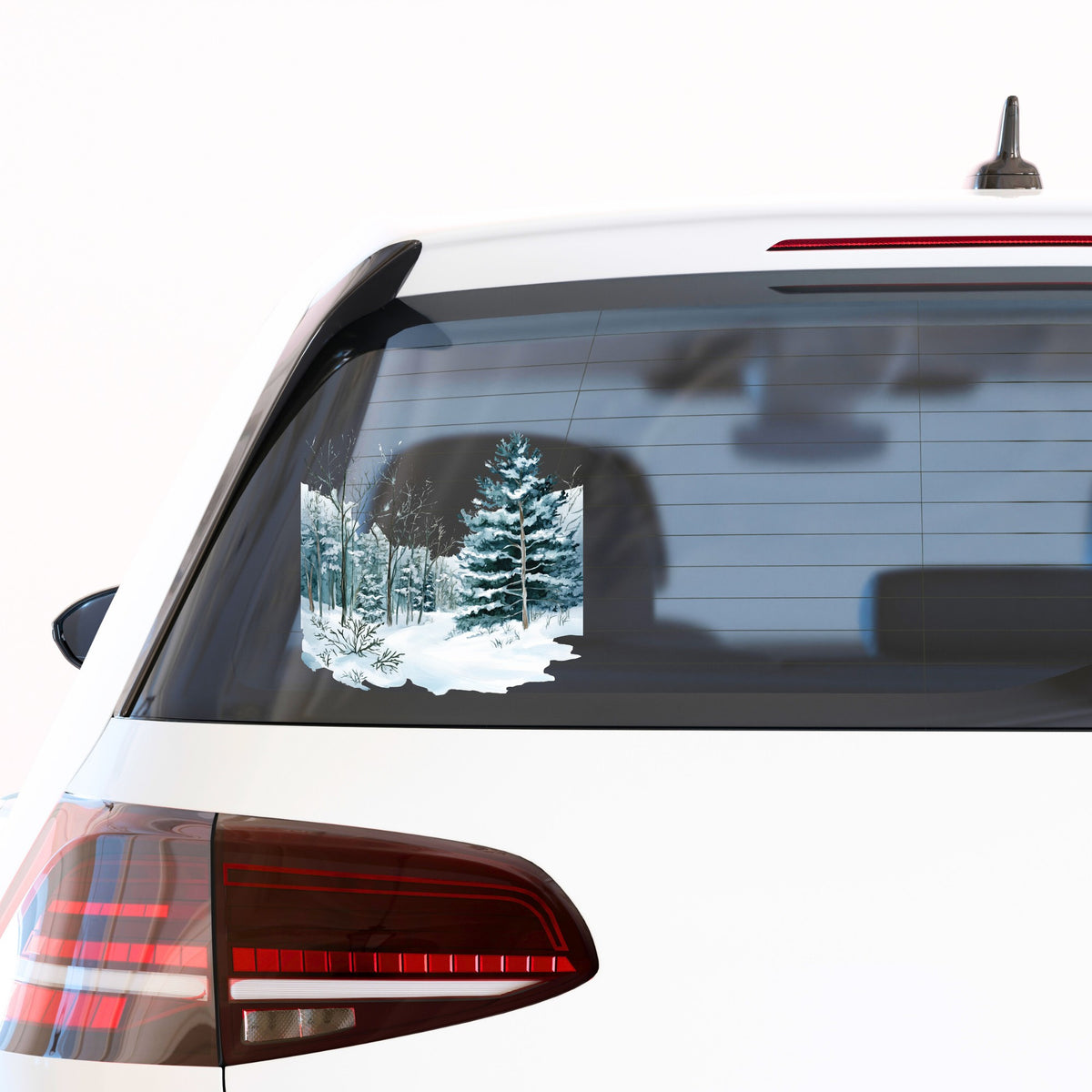 Tall Spruce Winter Forest UV DTF sticker applied to a car window