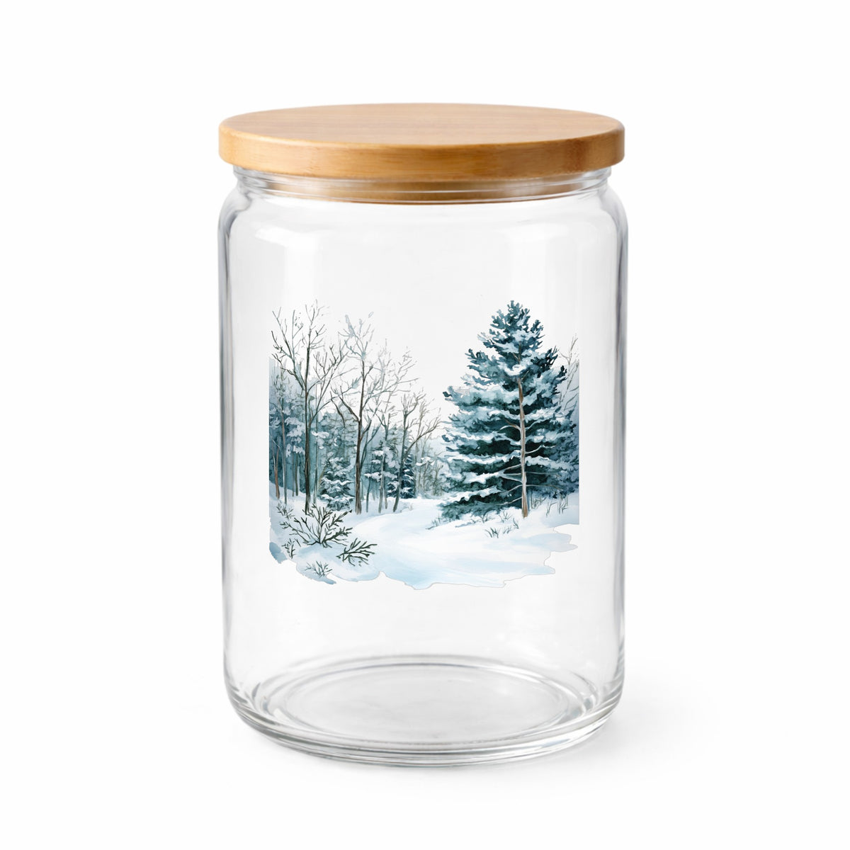 Tall Spruce Winter Forest UV DTF sticker applied to a clear glass jar with lid