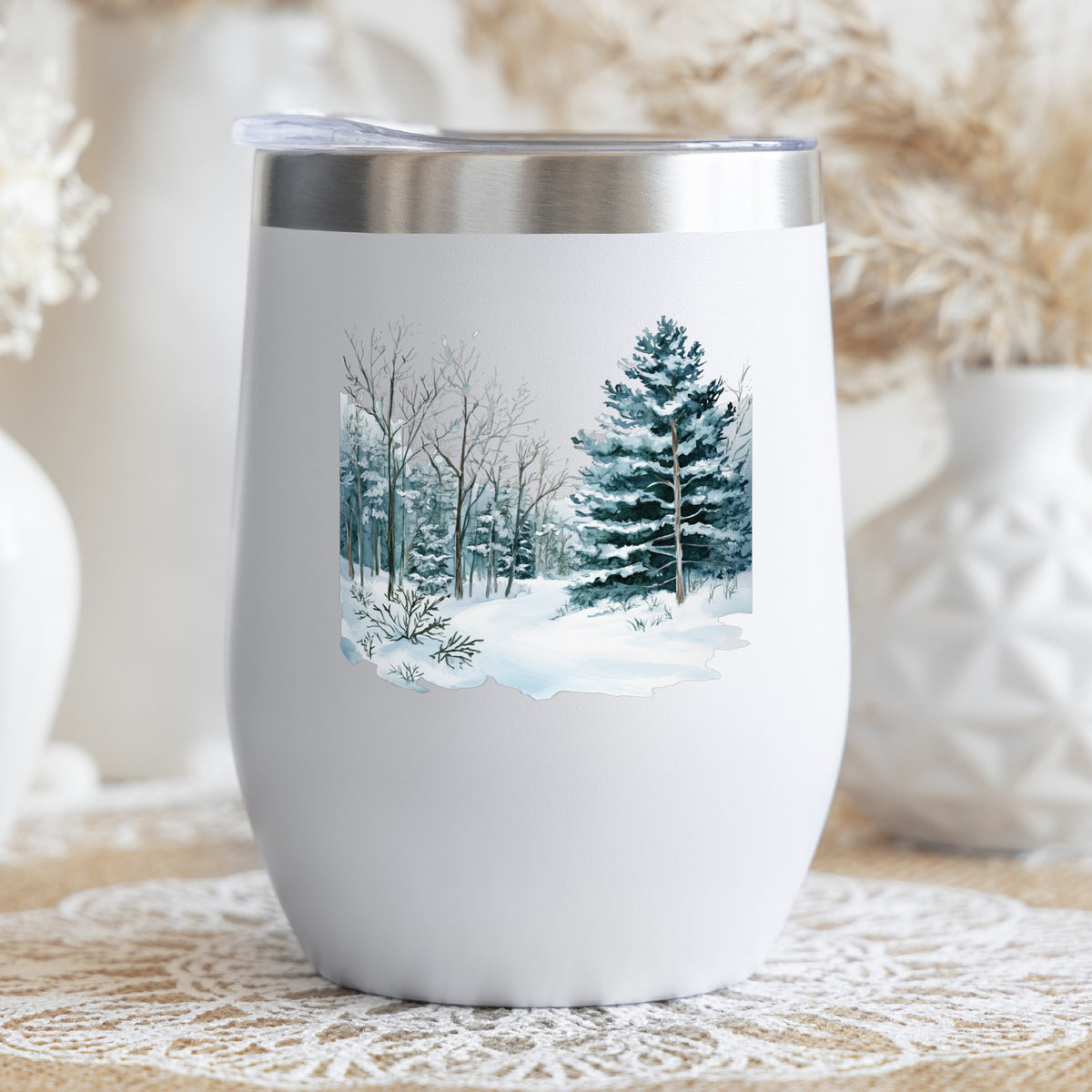 Tall Spruce Winter Forest UV DTF sticker applied to a stemless wine glass