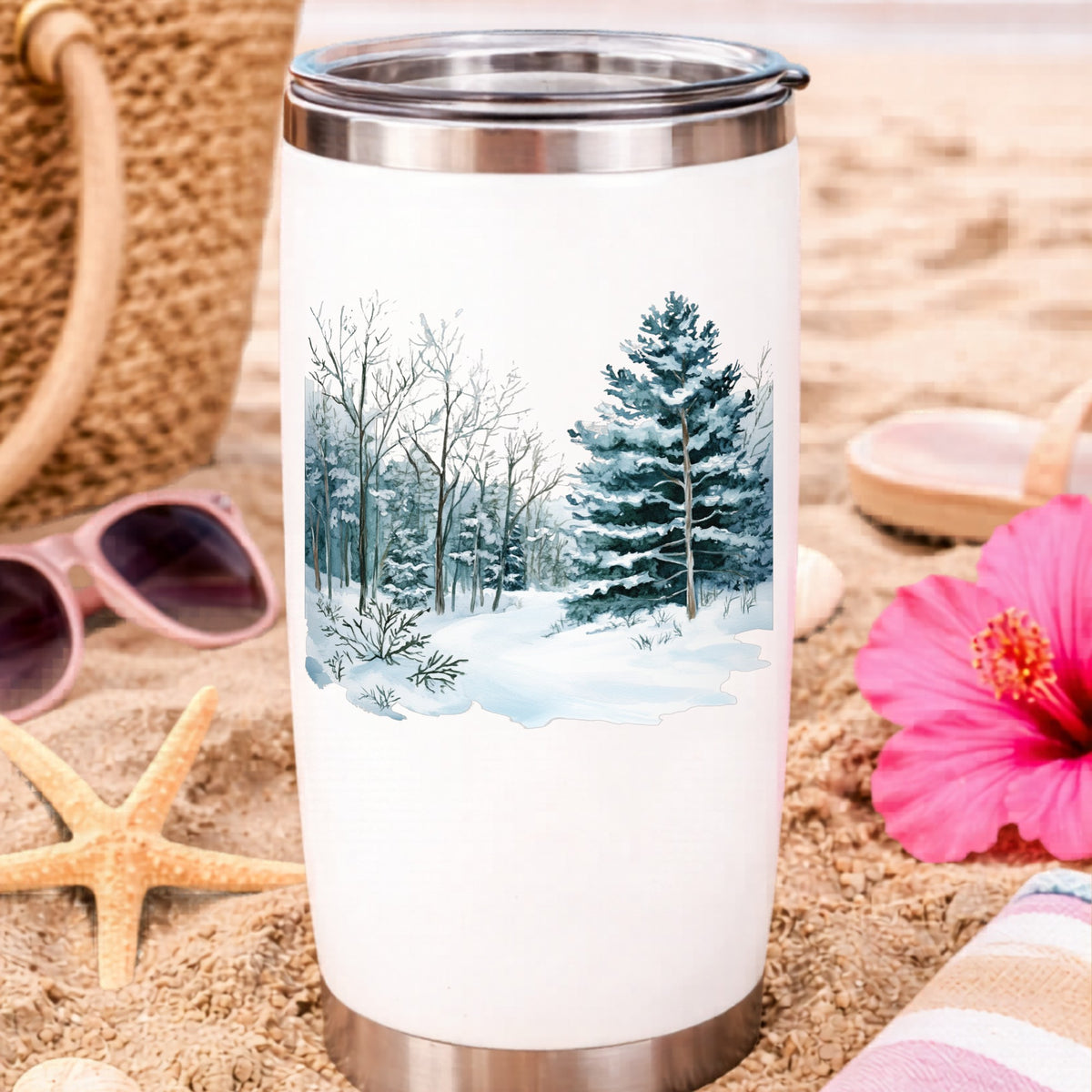 Tall Spruce Winter Forest UV DTF sticker applied to a water bottle at the beach
