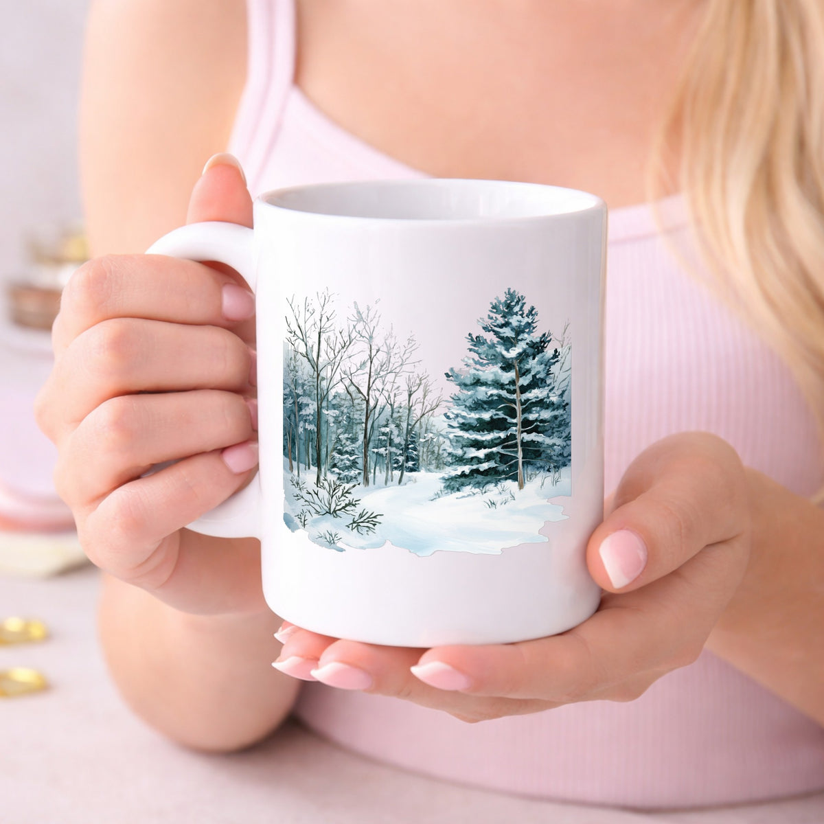 Tall Spruce Winter Forest UV DTF sticker displayed on a white coffee mug