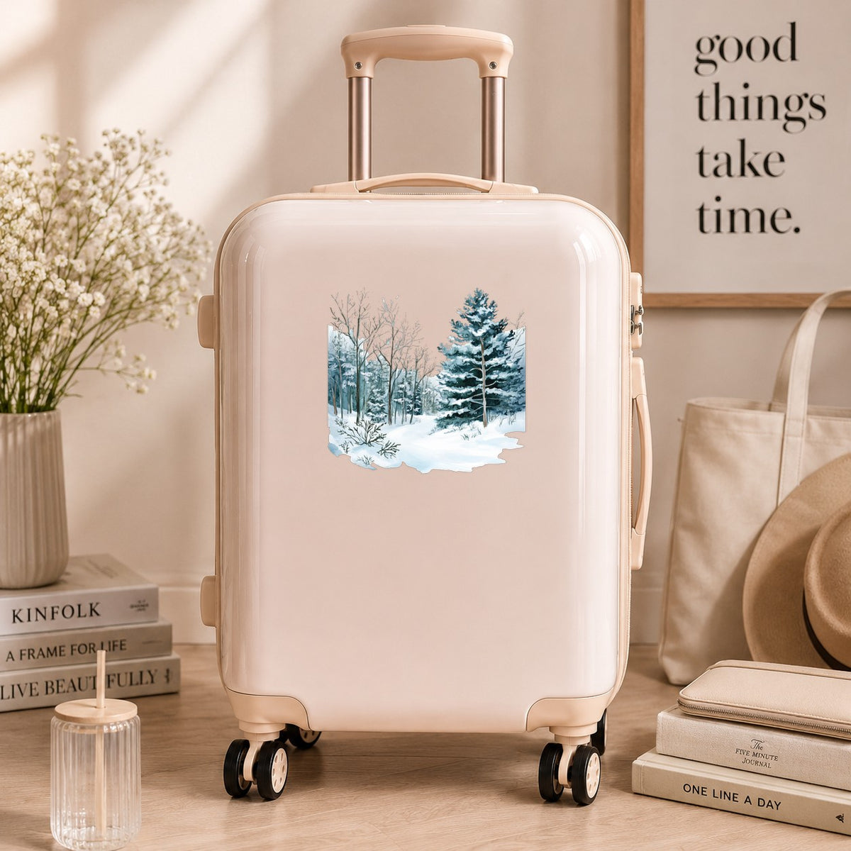 Tall Spruce Winter Forest UV DTF sticker applied to a neutral suitcase