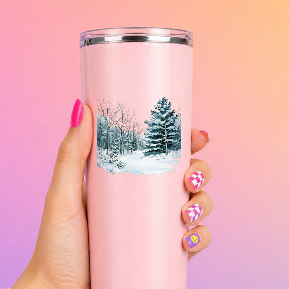 Tall Spruce Winter Forest UV DTF sticker applied to a pink tumbler