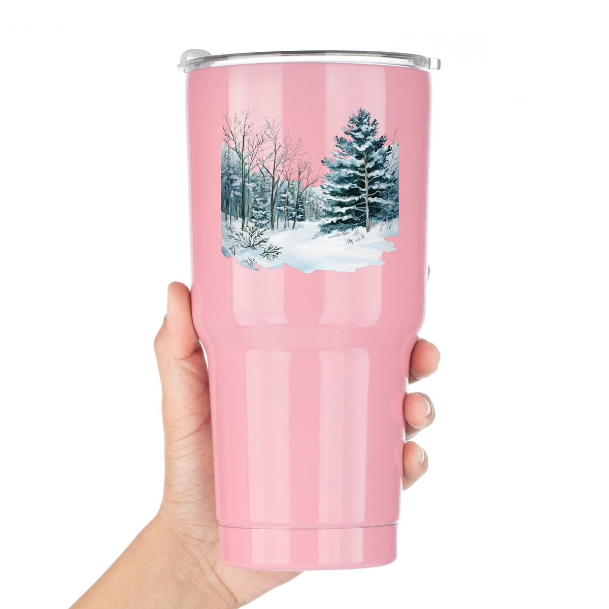 Tall Spruce Winter Forest UV DTF sticker applied to a pink tumbler
