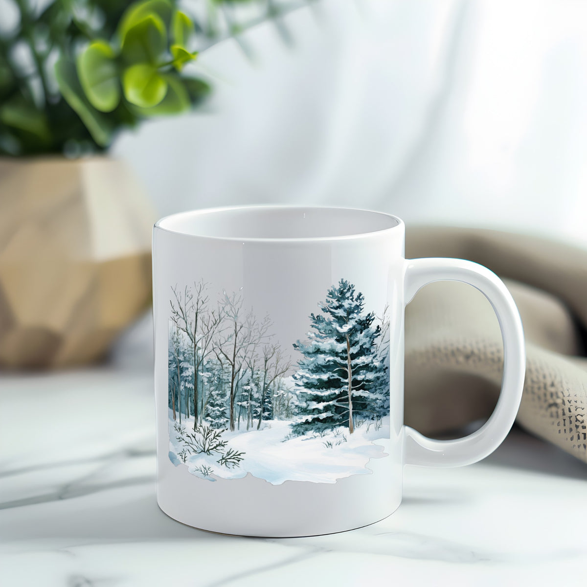 Tall Spruce Winter Forest UV DTF sticker applied to a white coffee mug
