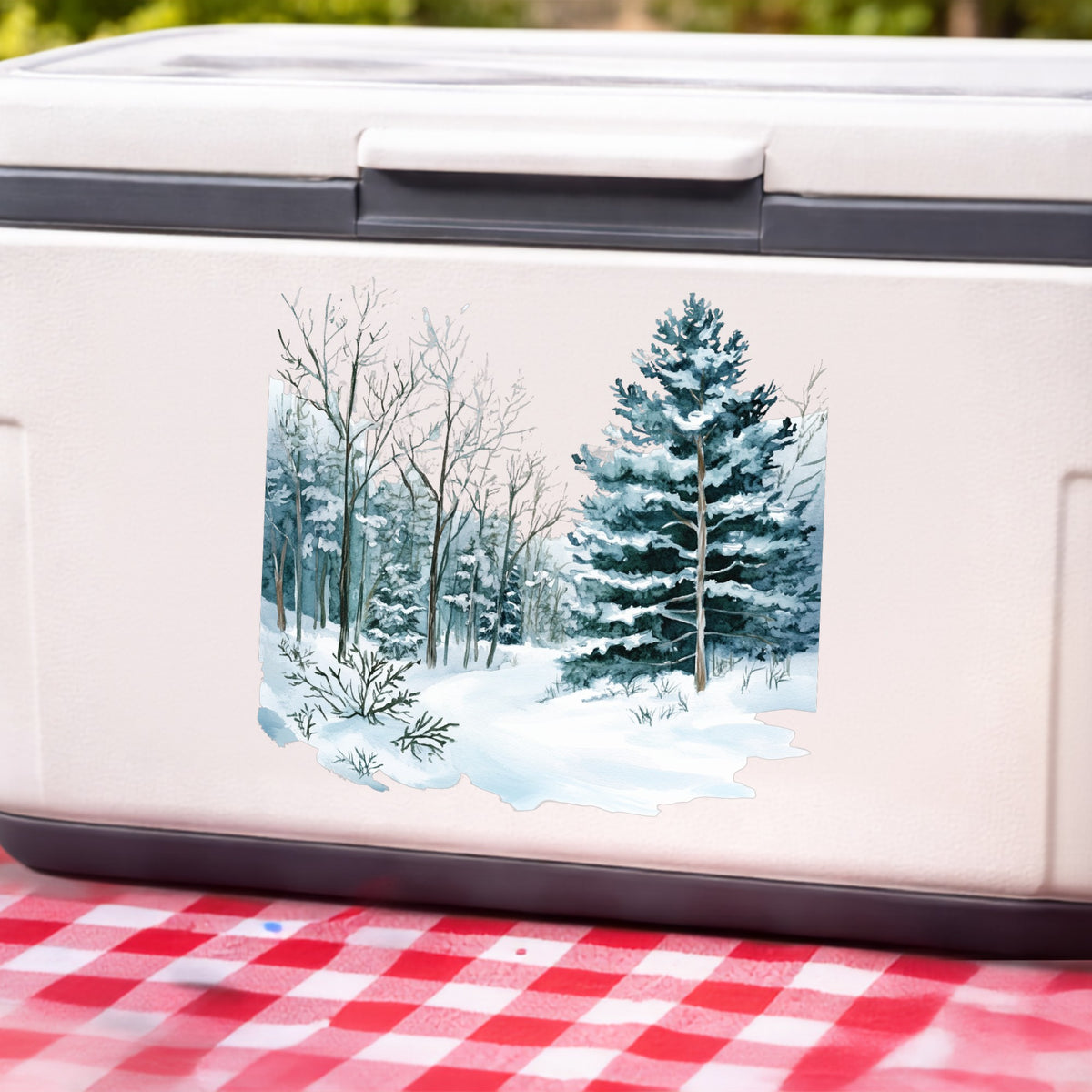 Tall Spruce Winter Forest UV DTF sticker applied to a white cooler