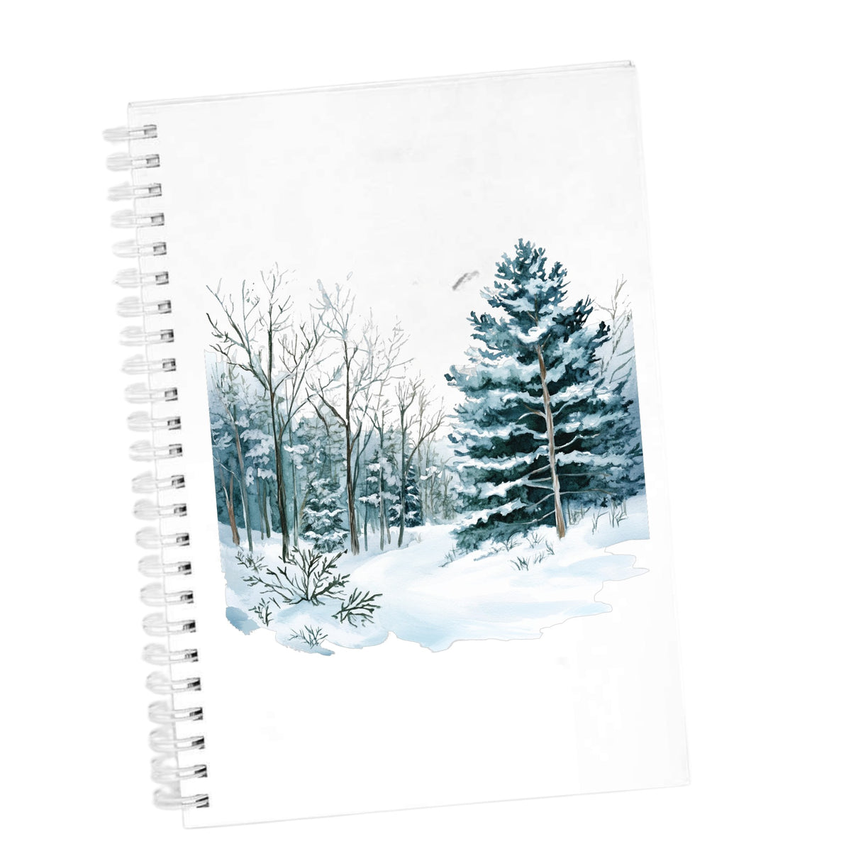 Tall Spruce Winter Forest UV DTF sticker applied to a white journal