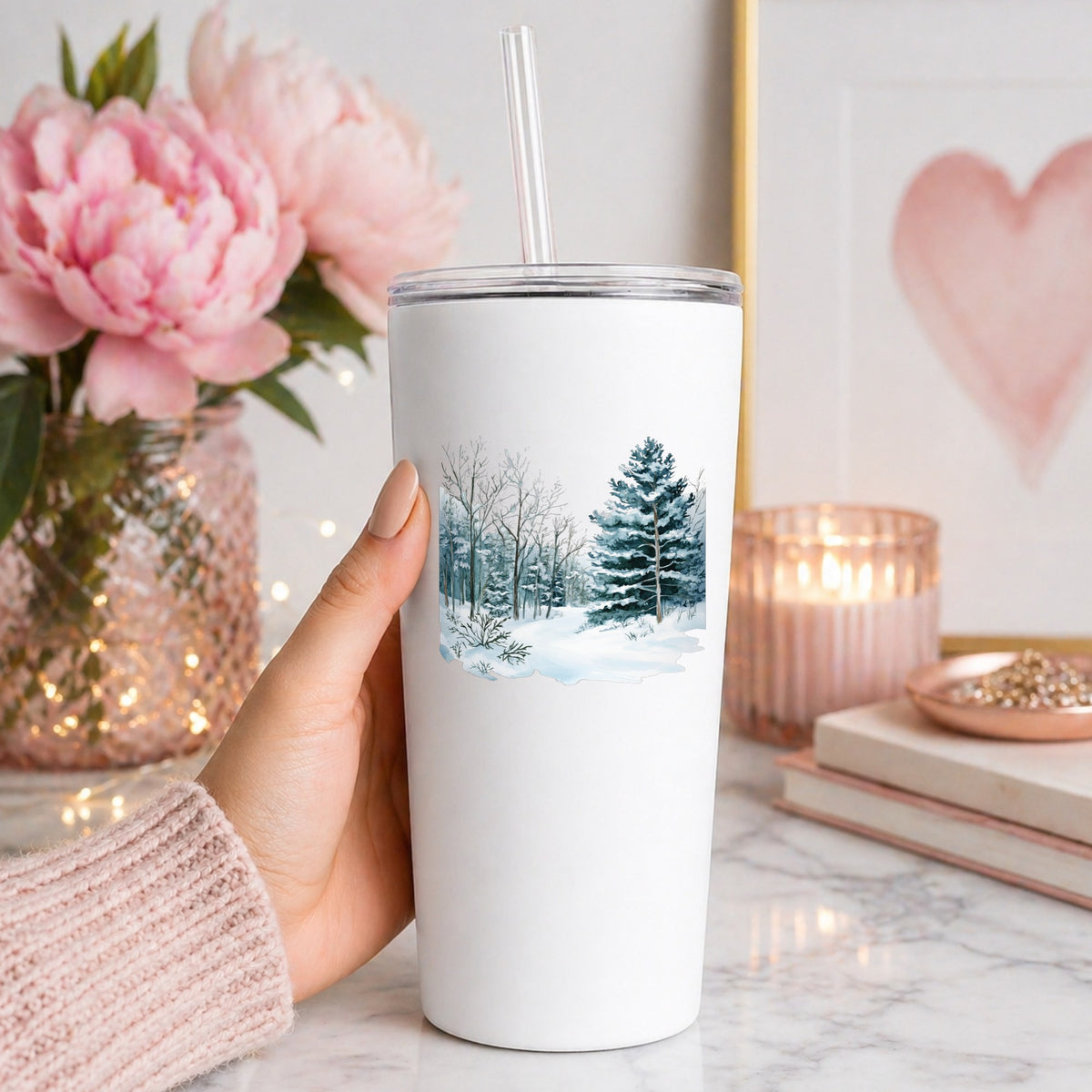 Tall Spruce Winter Forest UV DTF sticker applied to a white tumbler