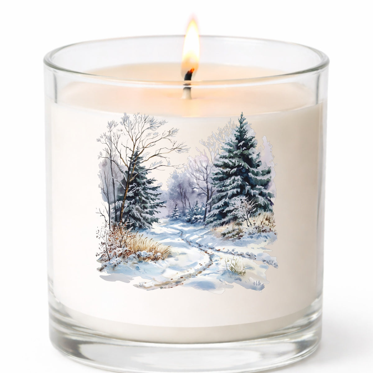 Lavender Winter Trail UV DTF sticker applied to a candle jar