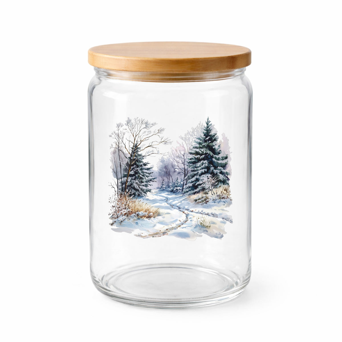 Lavender Winter Trail UV DTF sticker applied to a clear glass jar with lid