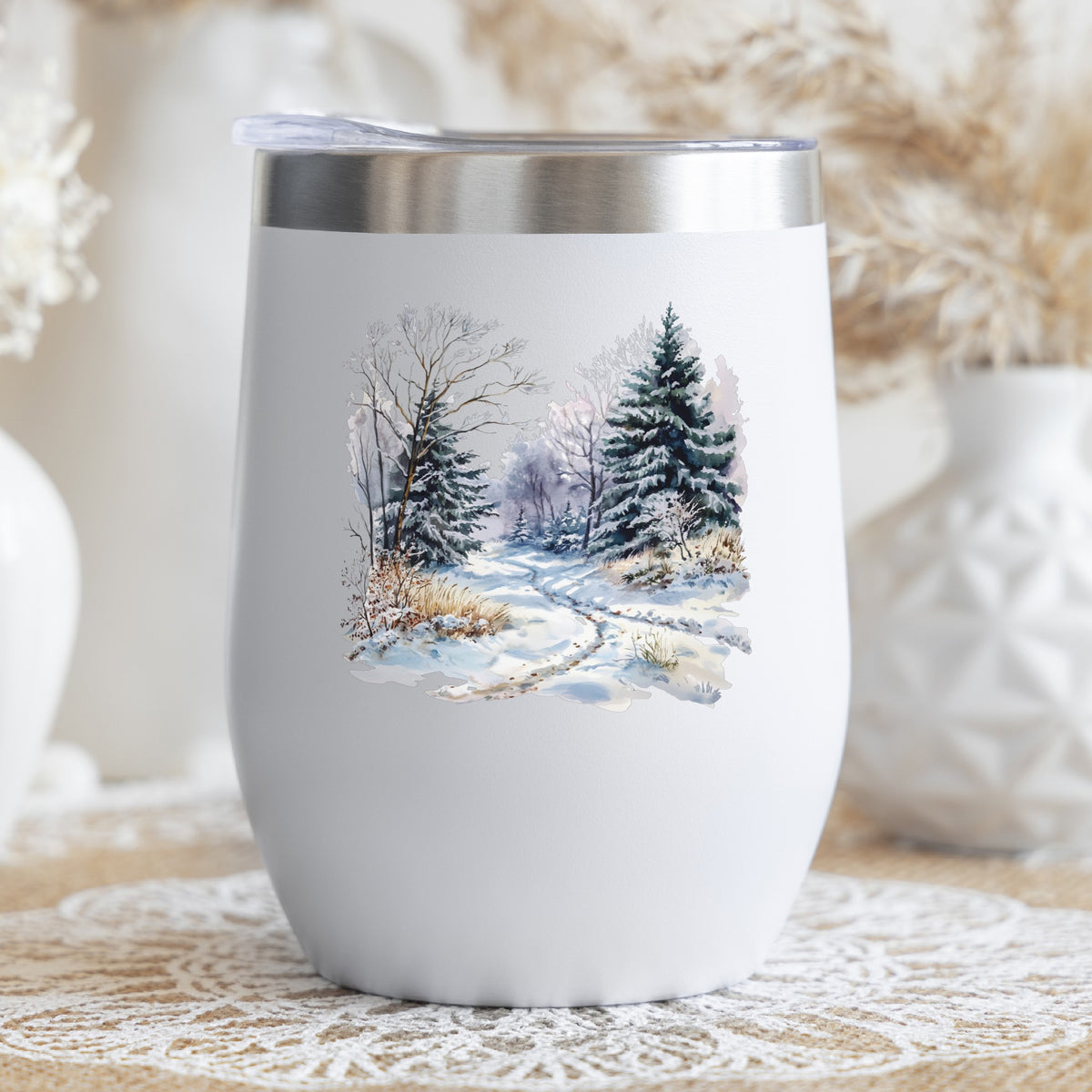 Lavender Winter Trail UV DTF sticker applied to a stemless wine glass