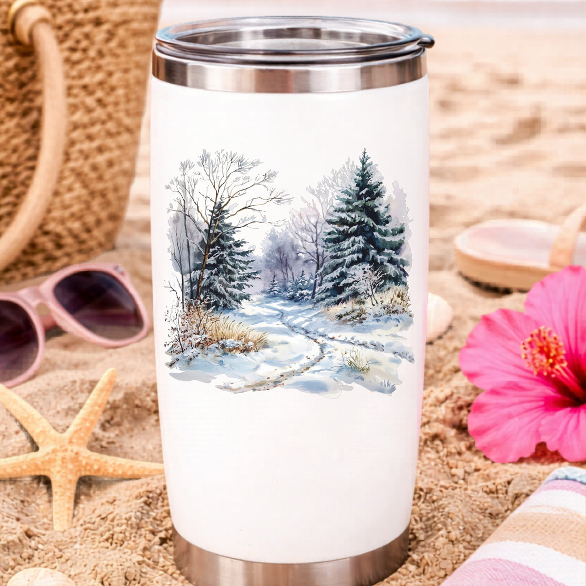Lavender Winter Trail UV DTF sticker applied to a water bottle at the beach