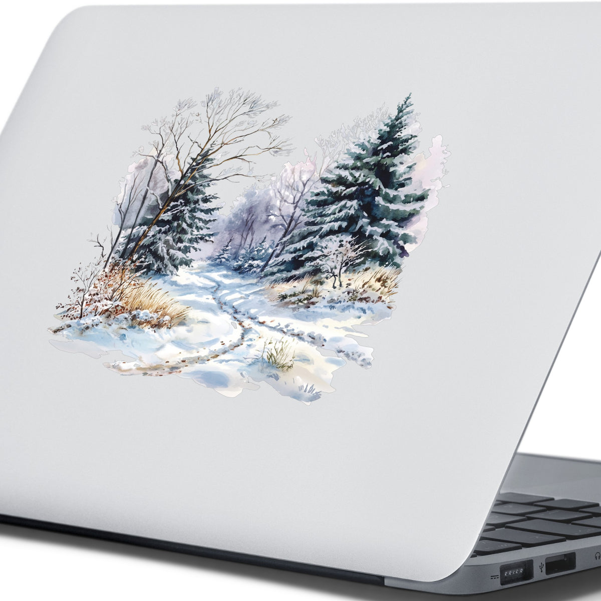 Lavender Winter Trail UV DTF sticker applied to a laptop