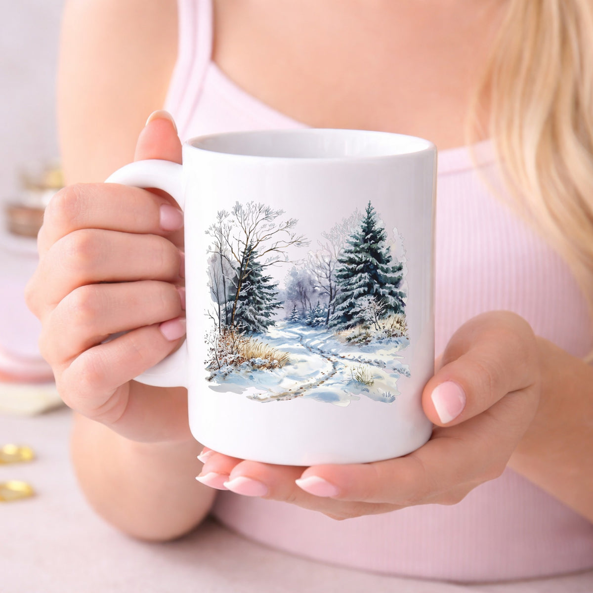 Lavender Winter Trail UV DTF sticker displayed on a white coffee mug