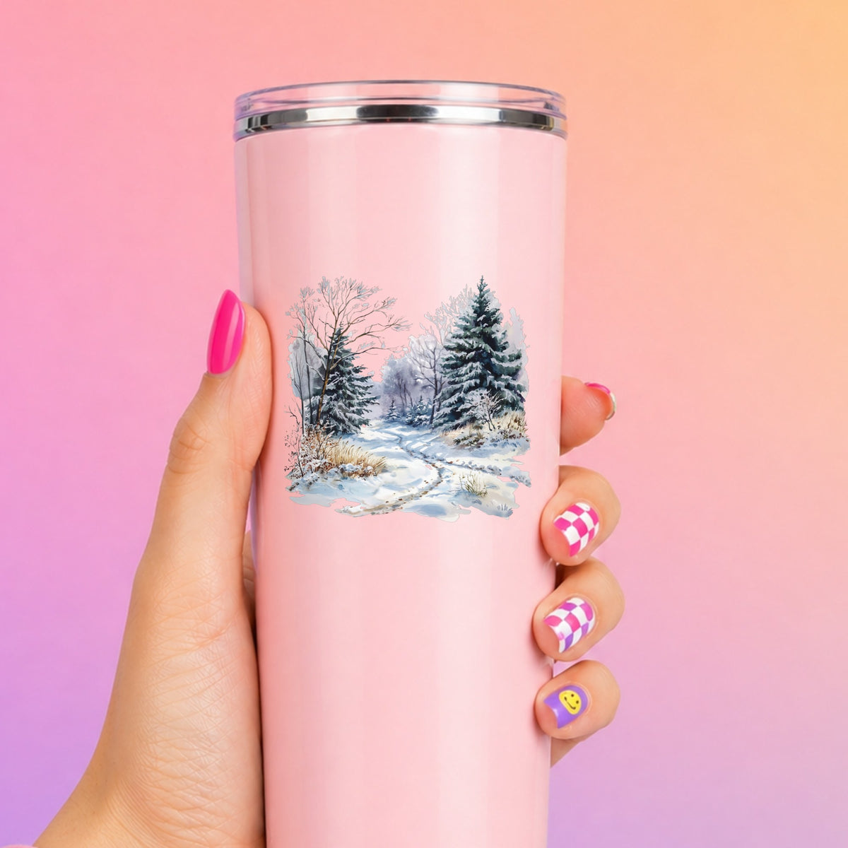 Lavender Winter Trail UV DTF sticker applied to a pink tumbler