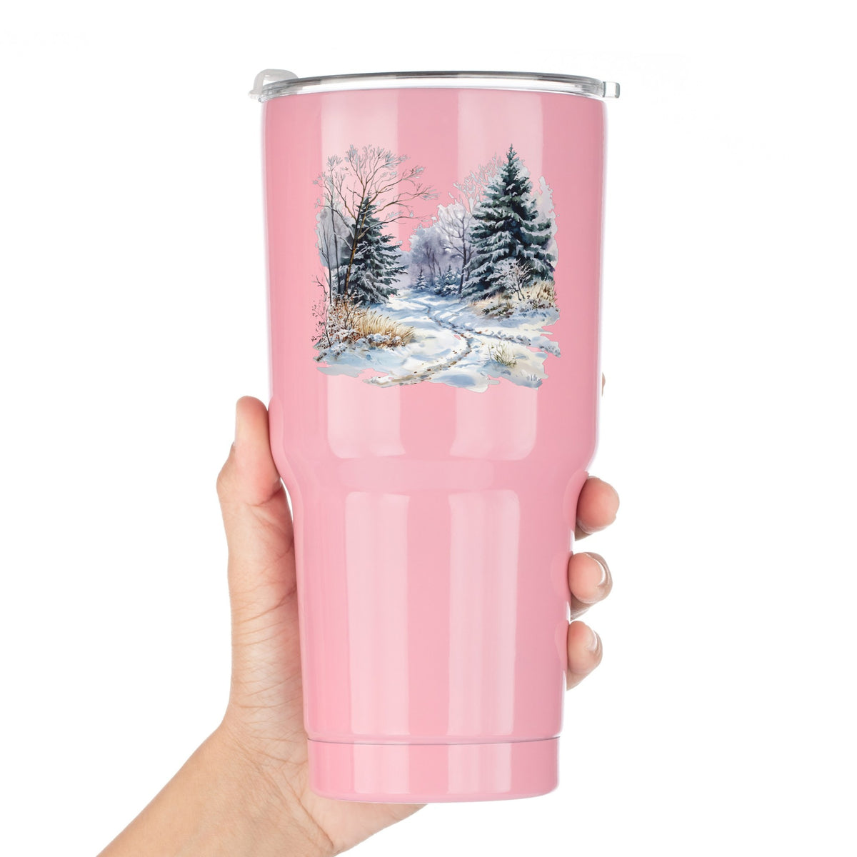 Lavender Winter Trail UV DTF sticker applied to a pink tumbler