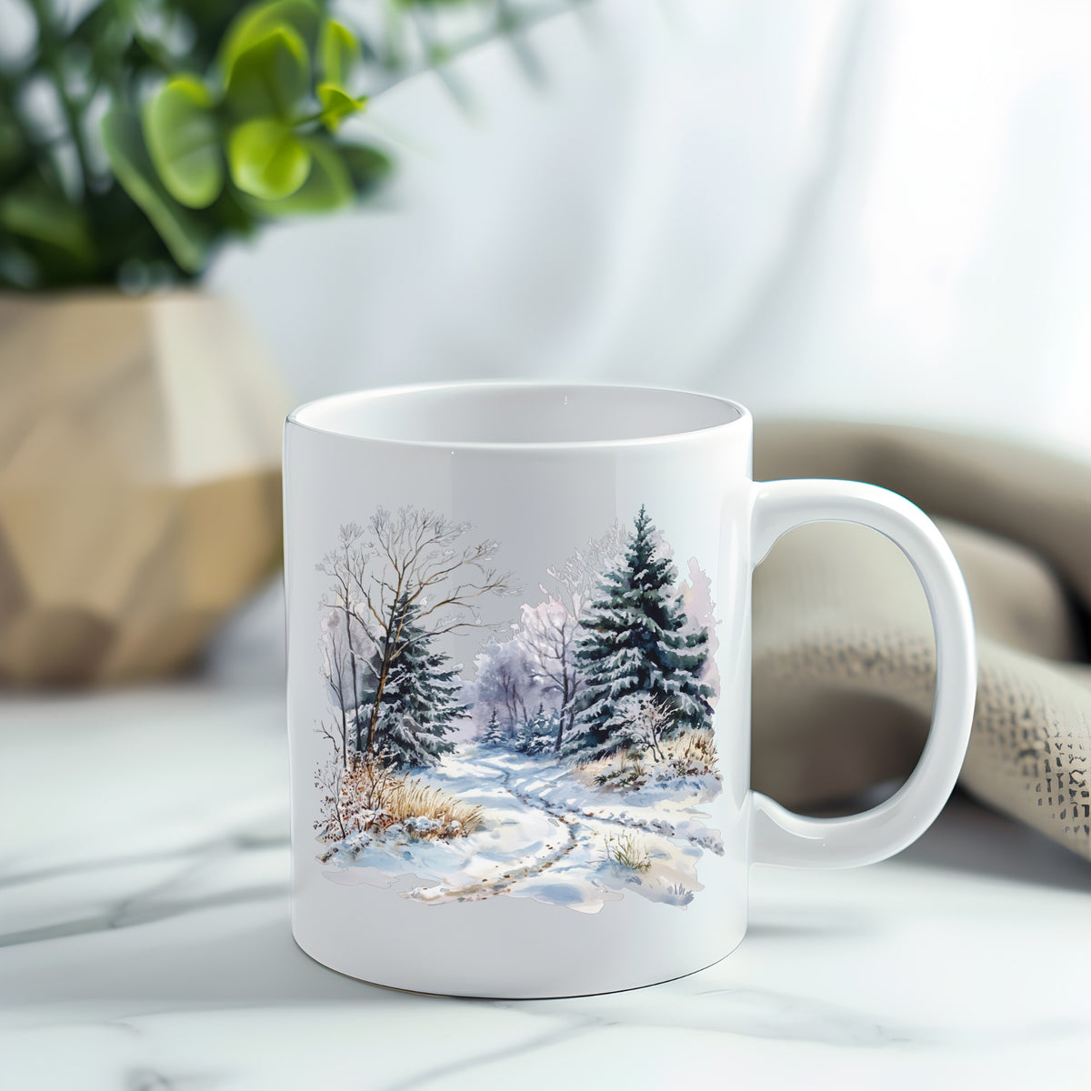 Lavender Winter Trail UV DTF sticker applied to a white coffee mug