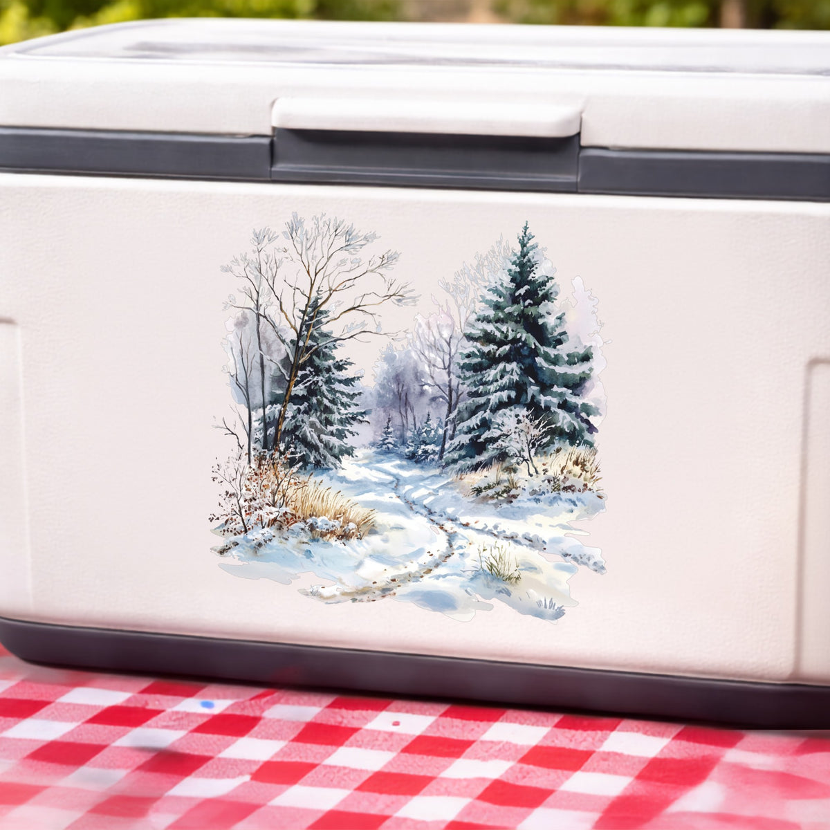 Lavender Winter Trail UV DTF sticker applied to a white cooler