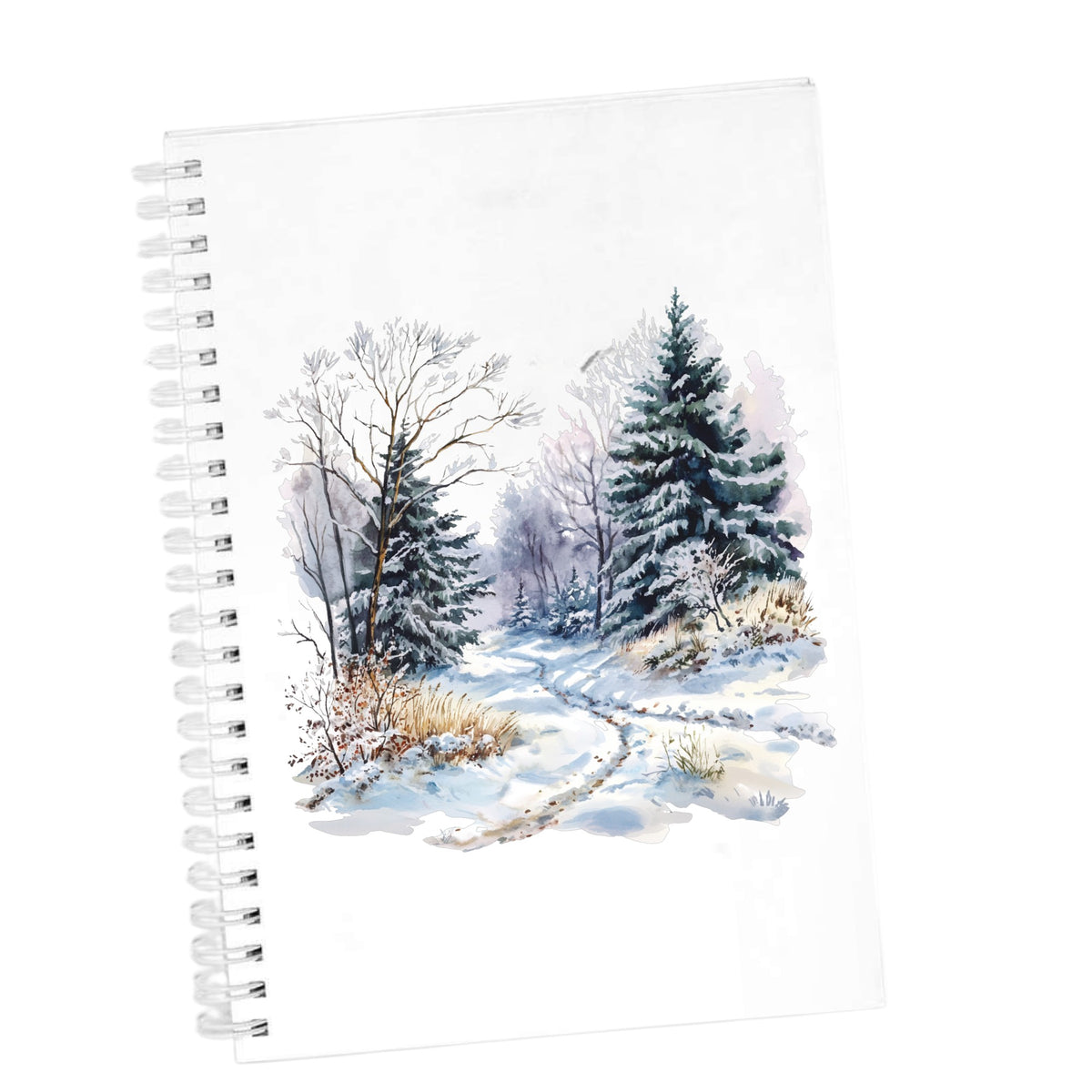 Lavender Winter Trail UV DTF sticker applied to a white journal
