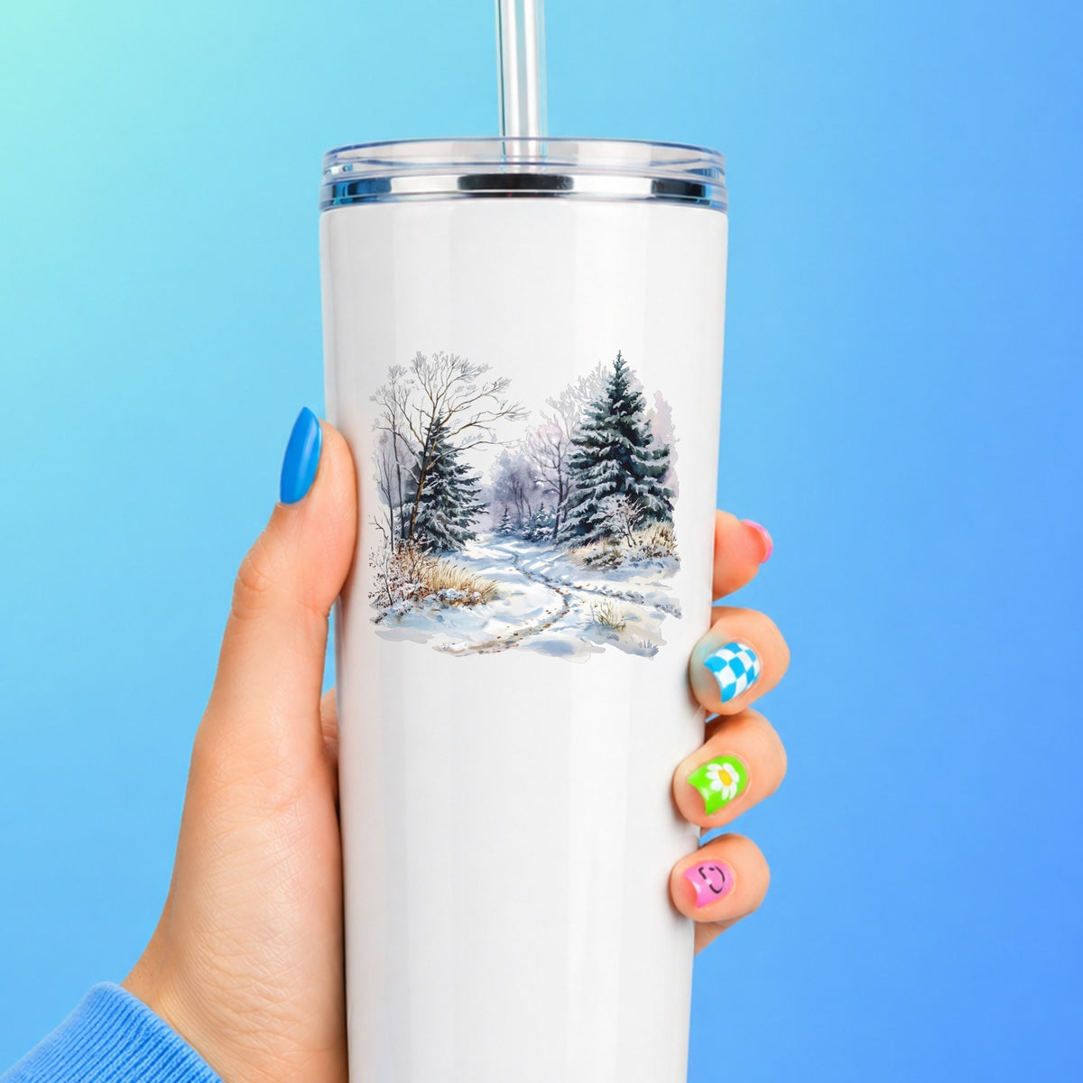 Lavender Winter Trail UV DTF sticker applied to a white tumbler