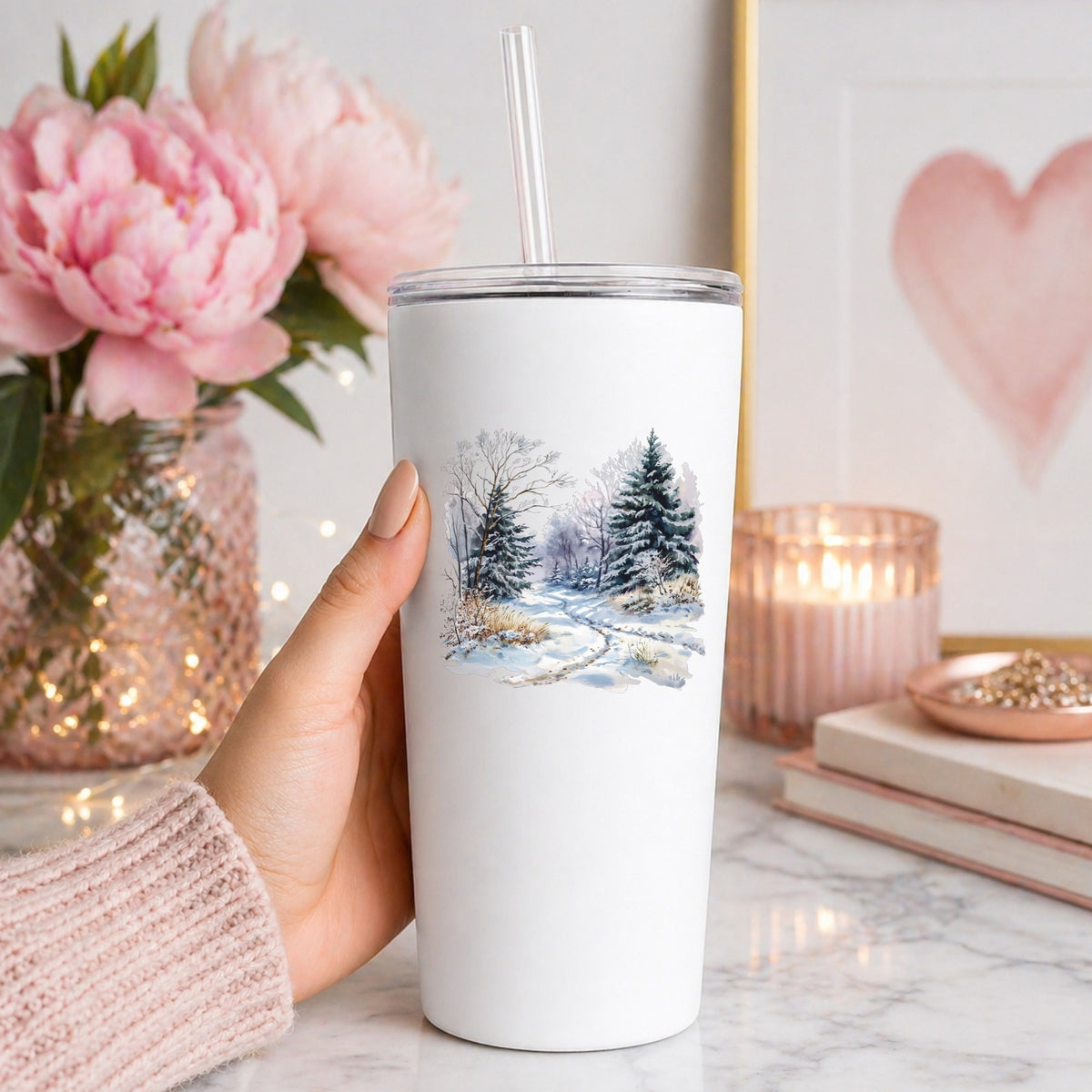 Lavender Winter Trail UV DTF sticker applied to a white tumbler