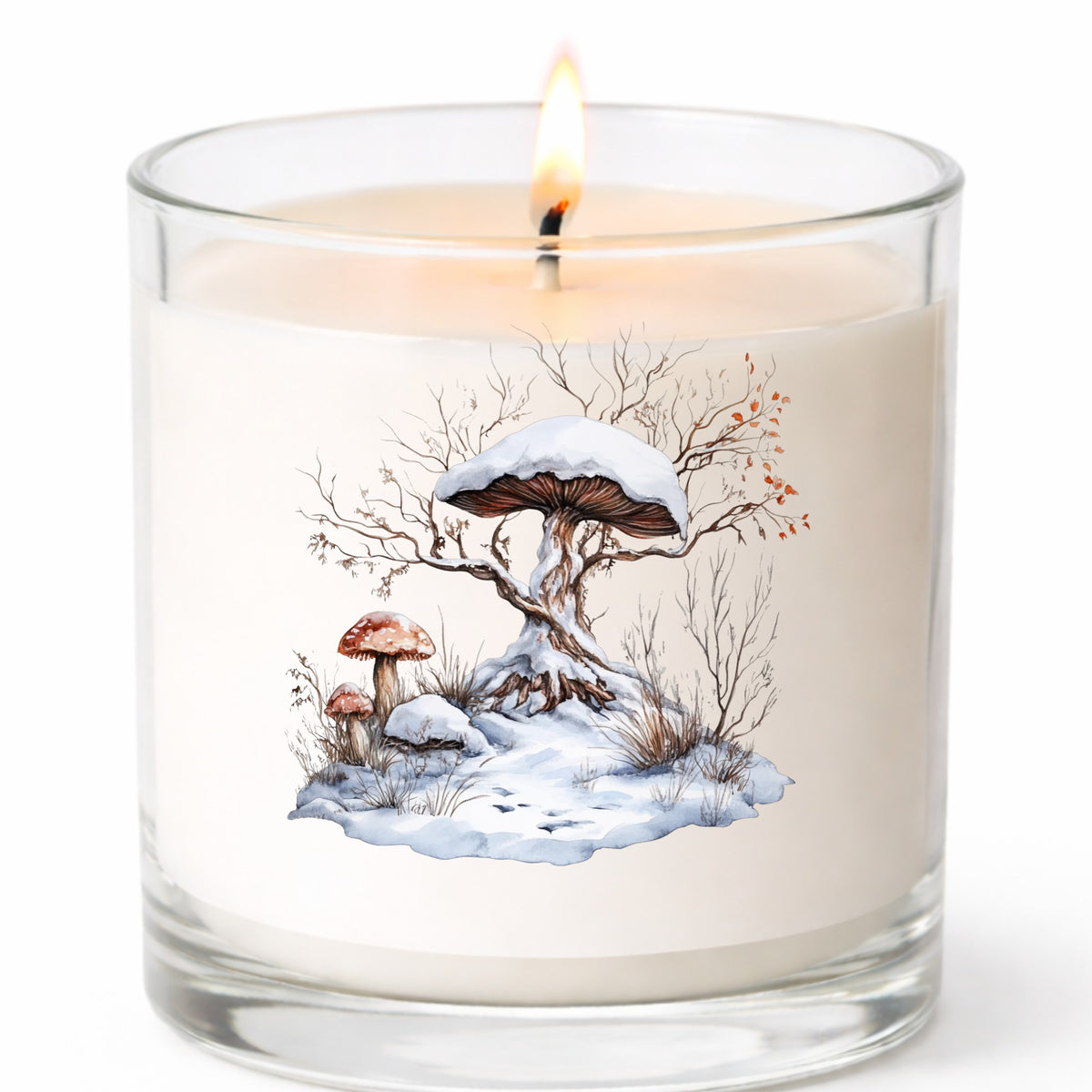 Whimsical Snowy Tree With Mushroom UV DTF sticker applied to a candle jar
