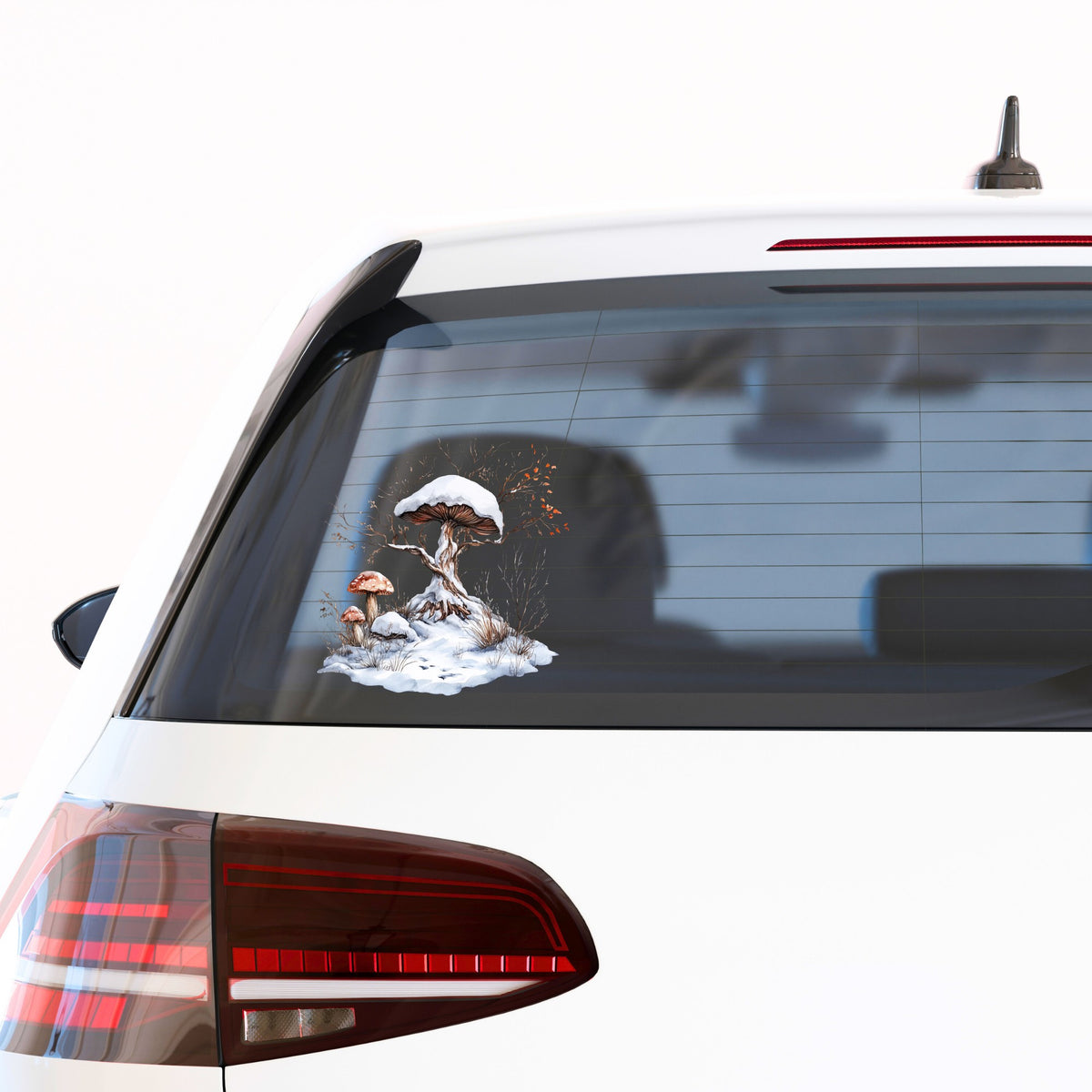 Whimsical Snowy Tree With Mushroom UV DTF sticker applied to a car window