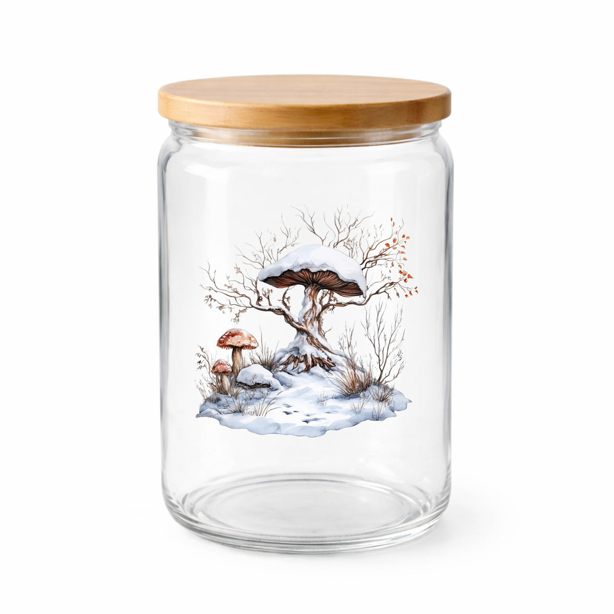 Whimsical Snowy Tree With Mushroom UV DTF sticker applied to a clear glass jar with lid