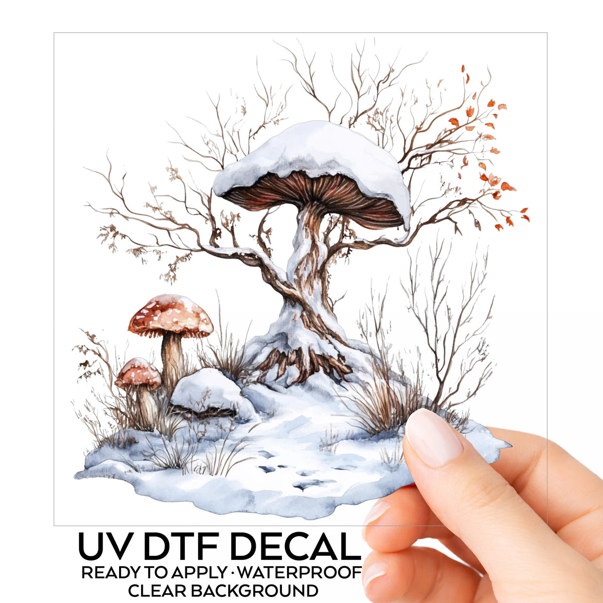Whimsical Snowy Tree With Mushroom UV DTF sticker