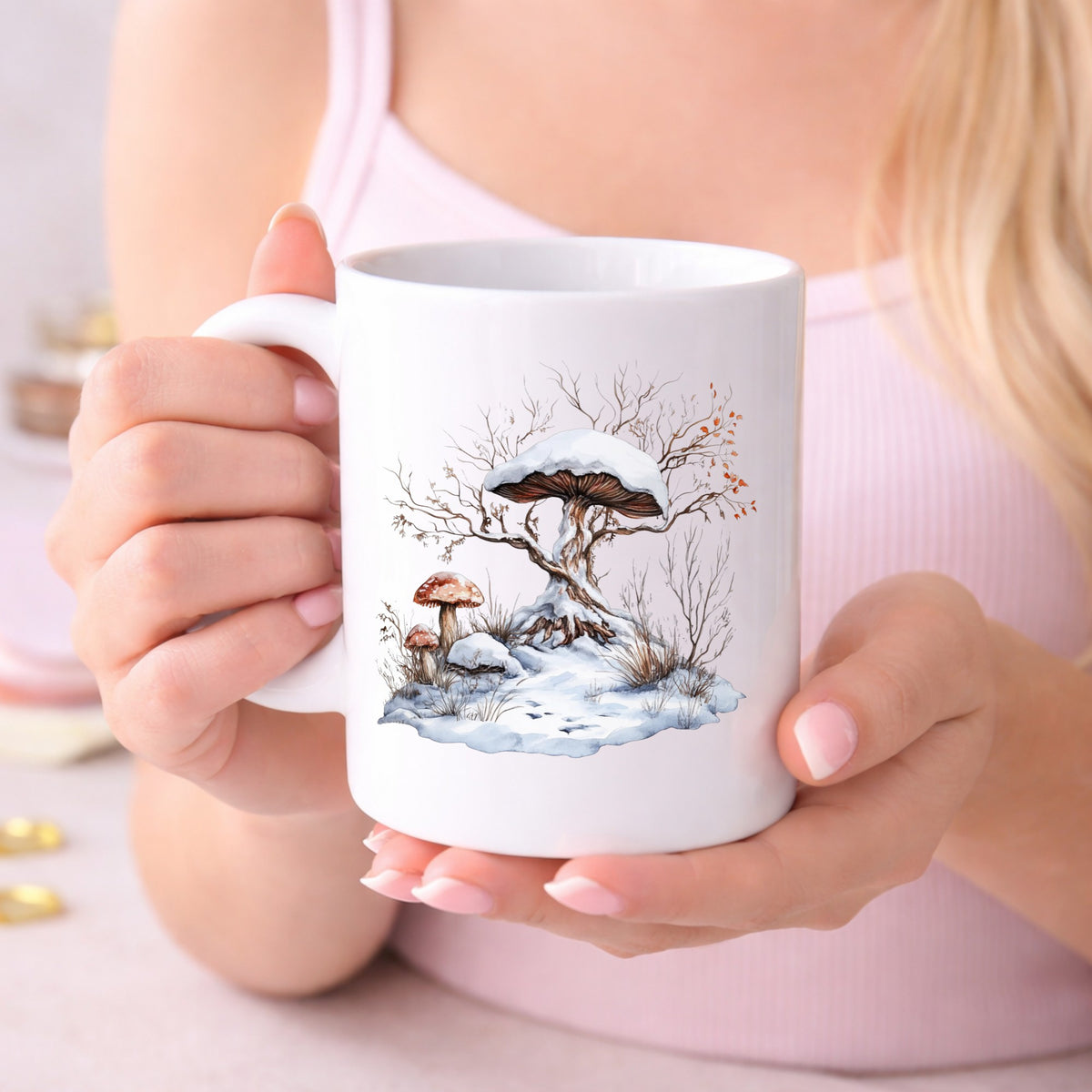 Whimsical Snowy Tree With Mushroom UV DTF sticker displayed on a white coffee mug