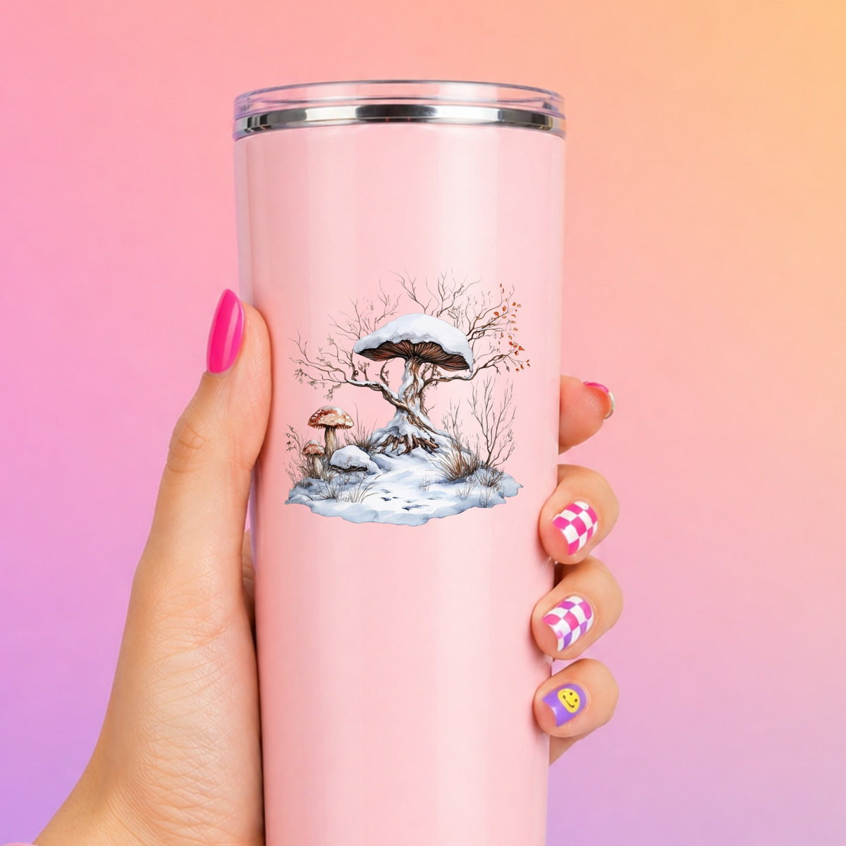Whimsical Snowy Tree With Mushroom UV DTF sticker applied to a pink tumbler