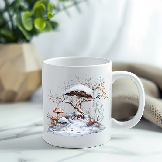 Whimsical Snowy Tree With Mushroom UV DTF sticker applied to a white coffee mug