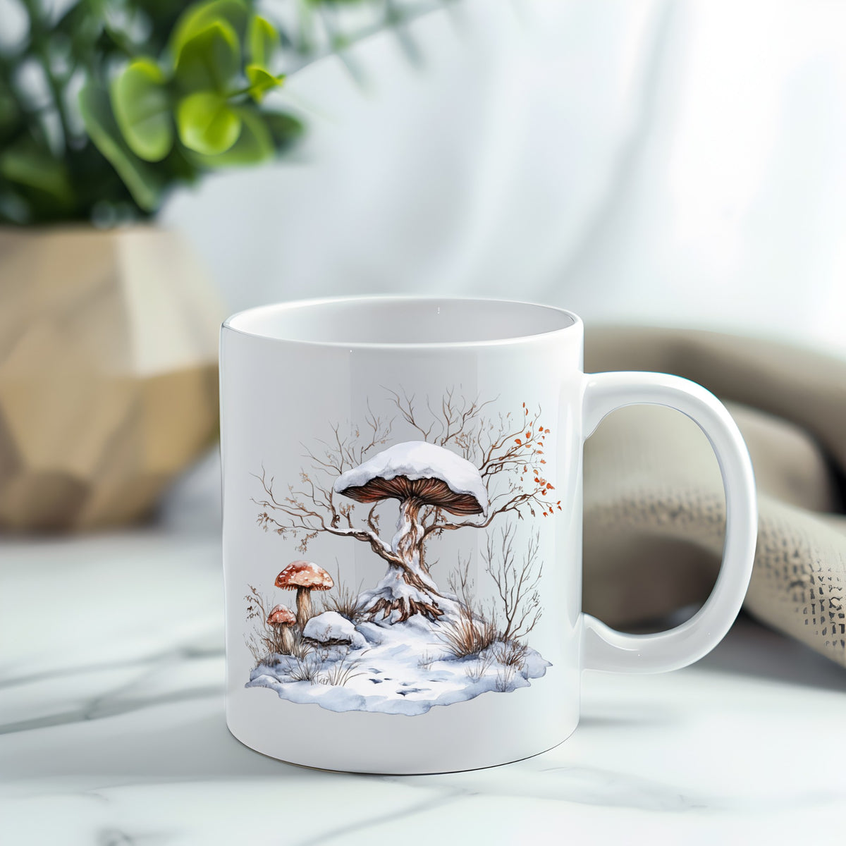 Whimsical Snowy Tree With Mushroom UV DTF sticker applied to a white coffee mug